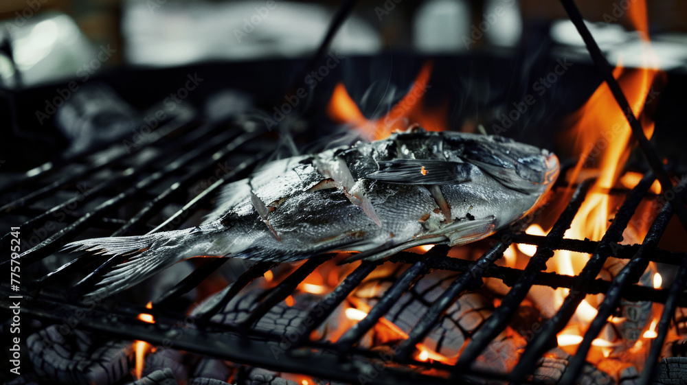 Close-up of a dorado on a grill over hot coals, cooking fresh sea fish, idea for a banner and advertisement for a fish restaurant and advertising a healthy Mediterranean diet Close-up of a dorado on a grill over hot coals, cooking fresh sea fish, idea for a banner and advertisement for a fish restaurant and advertising a healthy Mediterranean diet