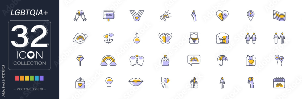 Lgbt gay pride month icon collection set of 32, celebrate diversity with LGBTQ symbols, simple outline vector design Lgbt gay pride month icon collection set of 32, celebrate diversity with LGBTQ symbols, simple outline vector design