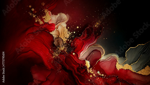 Abstract fluid flowing art by alcohol ink deep red and black with gold dark tone in concept luxury.