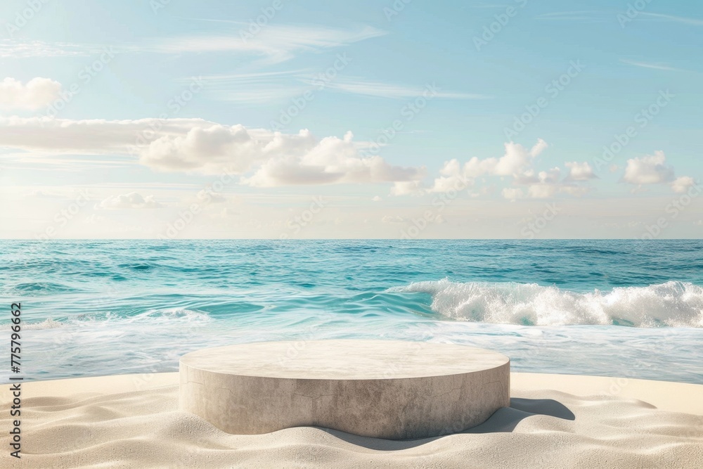 Summer sand and sea, backdrop for product placement with empty flat stone podium Summer sand and sea, backdrop for product placement with empty flat stone podium