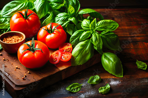 A collection of ripe red tomatoes and fragrant basil leaves are arranged neatly on a wooden table. The vibrant colors and textures of the tomatoes and basil create a visually appealing display