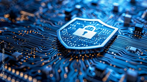 Wallpaper Mural Cybersecurity Padlock Shield on Blue PCB Torontodigital.ca