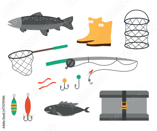 Set of equipment for fishing. Vector illustration of Fishing elements and fish and other devices for sport fishing. photo