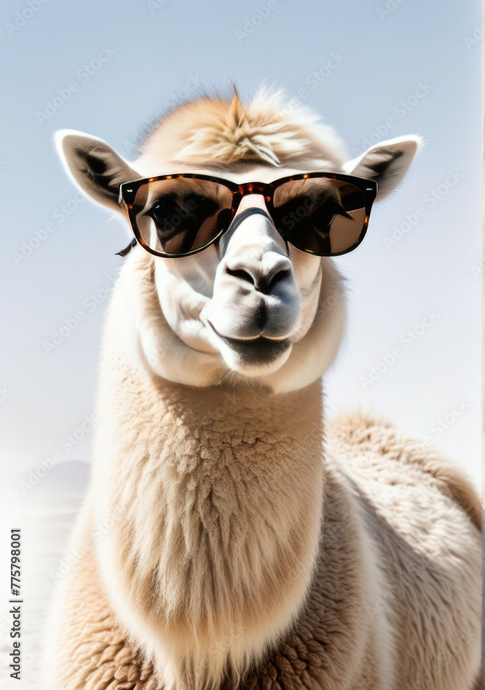 Obraz premium Pink lama in sunglasses, cartoon flat isolated on white background.