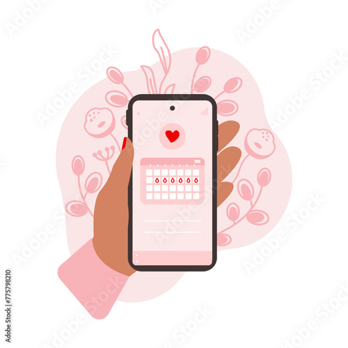 Female hands holding phone with menstrual calendar period tracker. Menstruation cycle Women's health care app. Vector illustration.