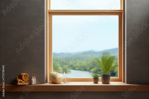 Window sill setup with plant, towels, and bath accessories. © Julia Jones