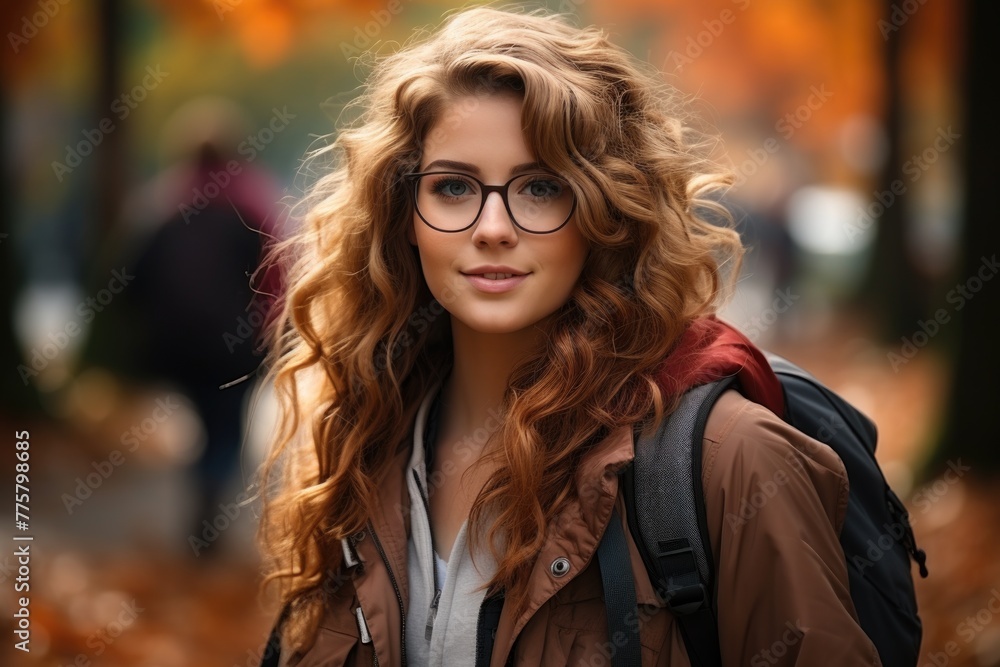 Young woman with curly hair wearing glasses in an autumn setting. Young woman with curly hair wearing glasses in an autumn setting.