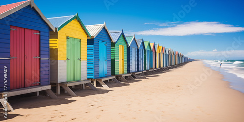 A row of colorful beach huts along the shoreline, with tourists enjoying the sunny weather.  photo