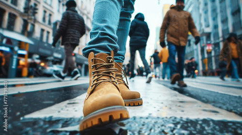 A man in boots walking alongside a group of people on a city sidewalk surrounded by tall buildings