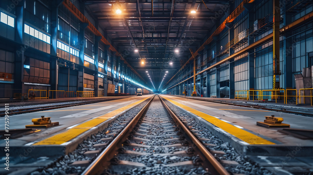 Train tracks cut through an expansive warehouse, highlighting the scale and modern infrastructure