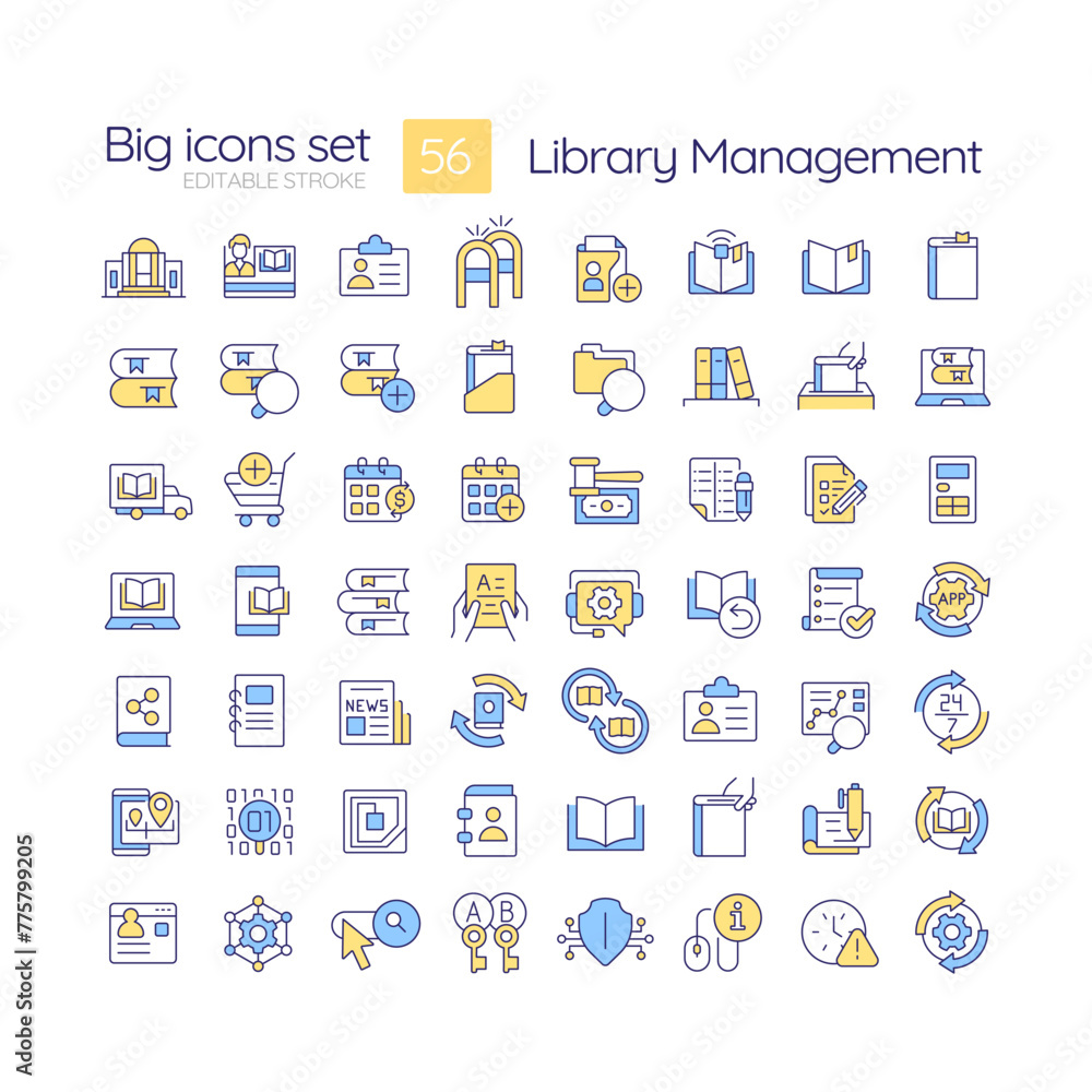 Library management RGB color icons set. RFID technology, books managing. Customer personalized service. Isolated vector illustrations. Simple filled line drawings collection. Editable stroke Library management RGB color icons set. RFID technology, books managing. Customer personalized service. Isolated vector illustrations. Simple filled line drawings collection. Editable stroke