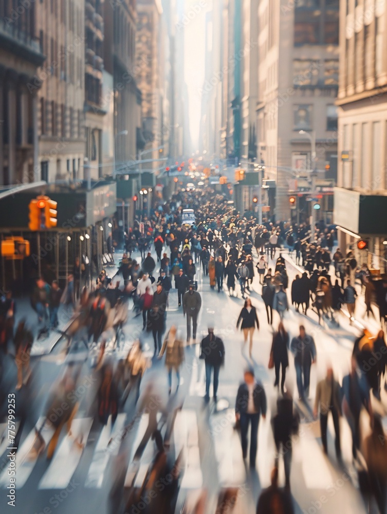 Unidentified mass of individuals strolling on a bustling metropolis road.