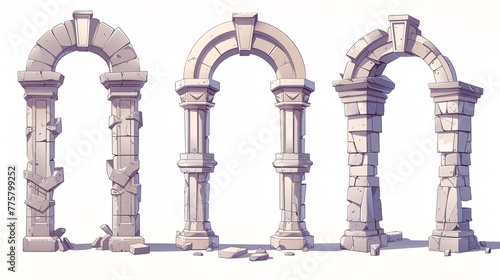 Ornate stone arches and pillars create a regal entrance to a grand building, captured in a charming cartoon illustration.