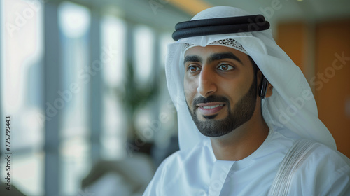 Emirati Arab Businessman Wearing UAE Emirati Traditional Dress, black kandura, Speaking In Phone in his office, Arabian man in the Emirates, generative ai.