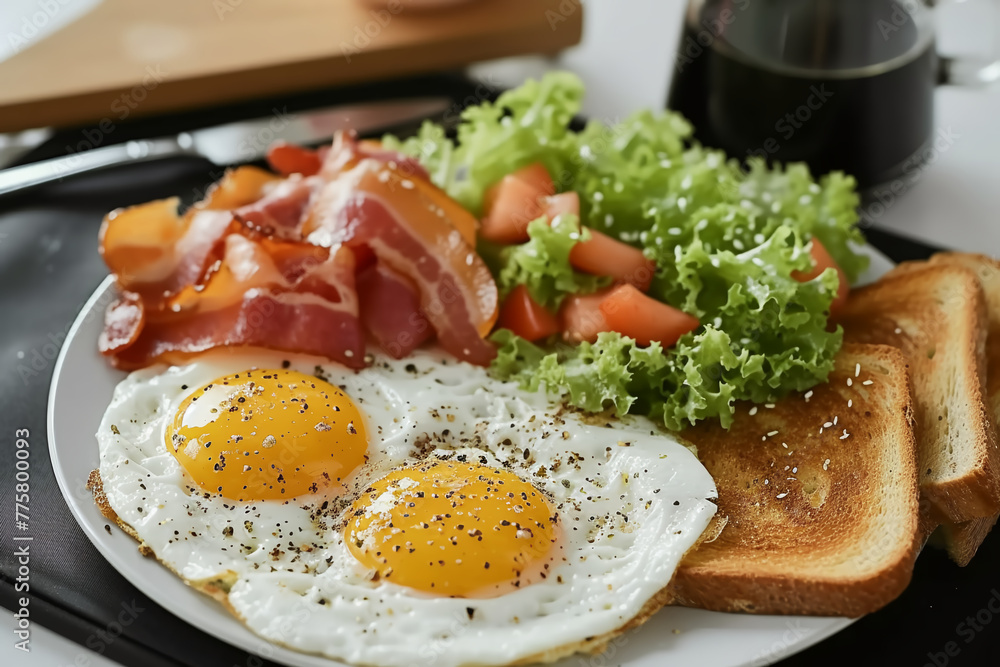 fried eggs with bacon and vegetables fried eggs with bacon and vegetables