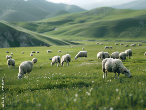 Flock of sheep peacefully grazing on a vibrant green hillside with gentle rolling hills in the background. 