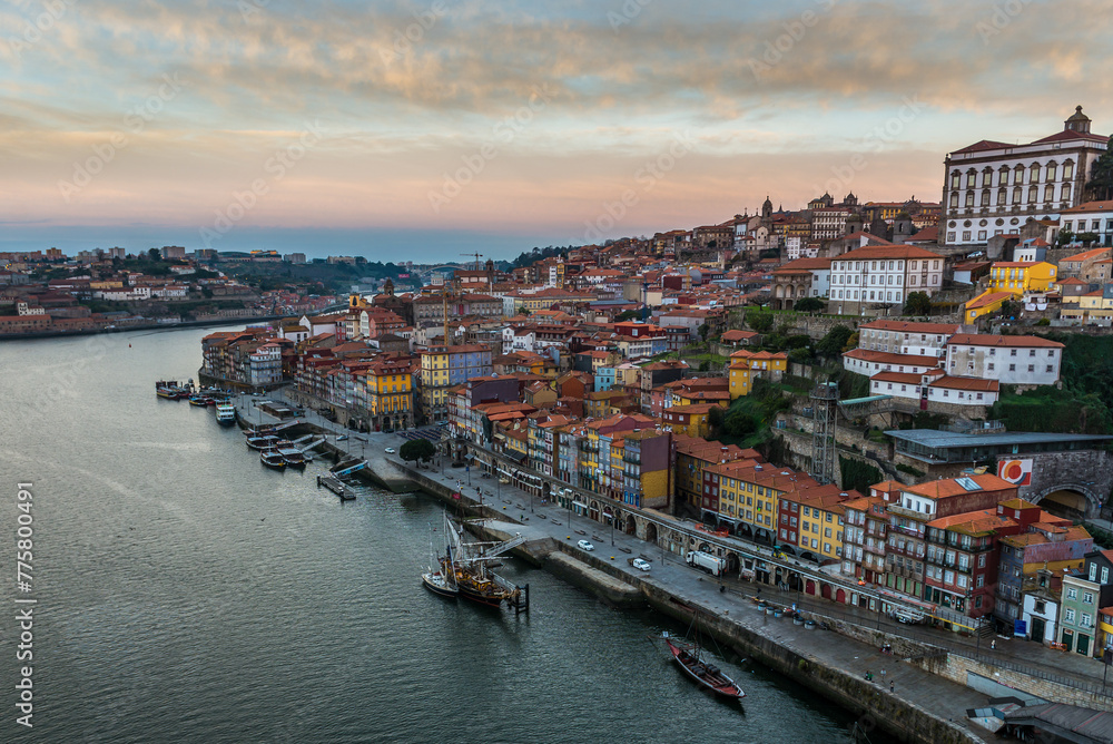 Morning view from Dom Luis I Bridge over Douro River in Porto, Portugal