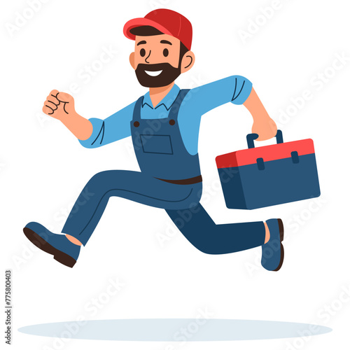 Flat vector illustration. Plumber running and rushing to order, quick help for breakdowns . Vector illustration