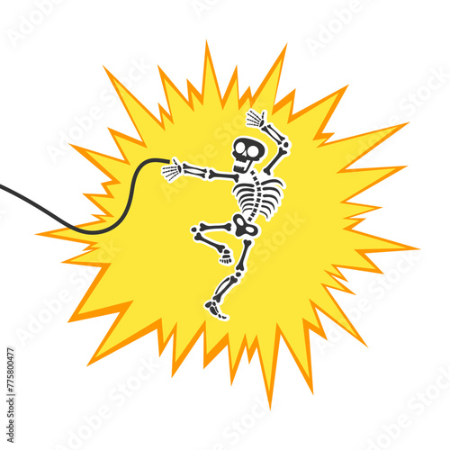 Skeleton electric shock by high voltage or lighting electrocuted caution silhouette flat style design vector illustration. A funny human skeleton had an electric shock or lightning strike.