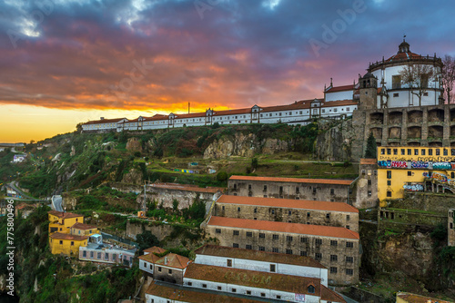 Sunrise sky above Serra do Pilar Monastery and Port Wine cellars in Vila Nova de Gaia, Portugal