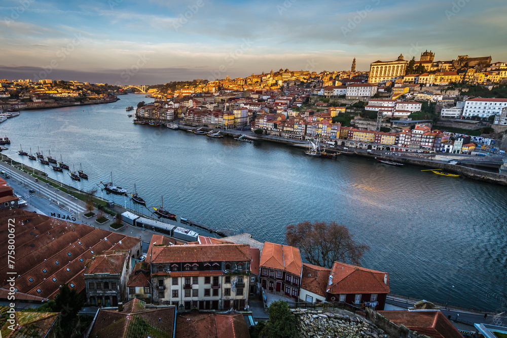 Aerial view from Vila Nova de Gaia city on a Douro River and Porto, Portugal