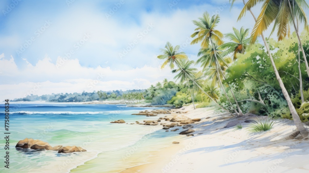 Serene tropical beach with palm trees and clear water, epitomizing a peaceful paradise.

