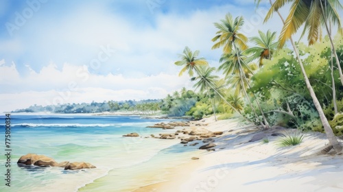 Serene tropical beach with palm trees and clear water, epitomizing a peaceful paradise.