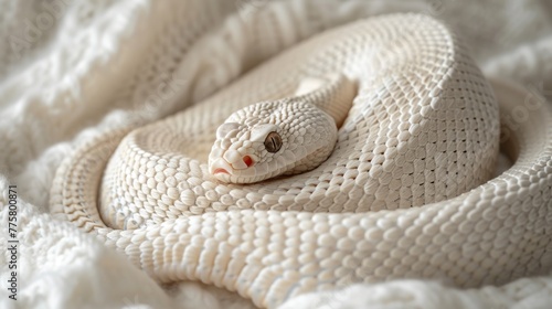 A white Texas snake is lying in a knitted plaid