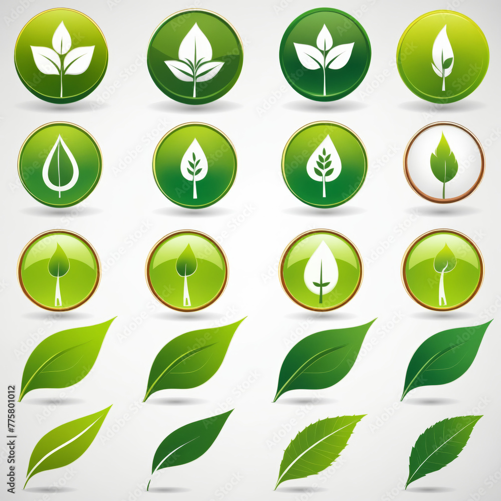 Icons of a variety of green leaves depicted in different shapes and sizes. The leaves are arranged in circles and displayed in a grid format.  - obrazy, fototapety, plakaty 