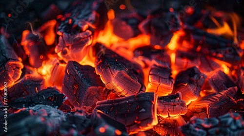 Blazing fire in a wooden house, close-up of fiery coals in vibrant red.