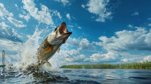 Jumping Pike Fish Splashing Water, A dynamic image of a pike fish leaping out of the water, creating a vivid splash against a blue sky.