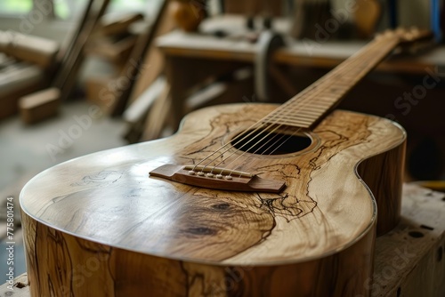 Handcrafted Acoustic wooden guitar. Music art sound instrument string. Generate Ai