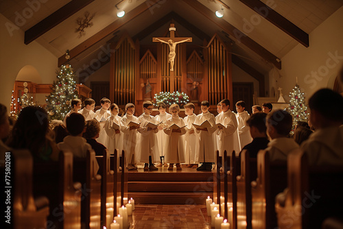Many parishioners are listening to children's choir singing in  church