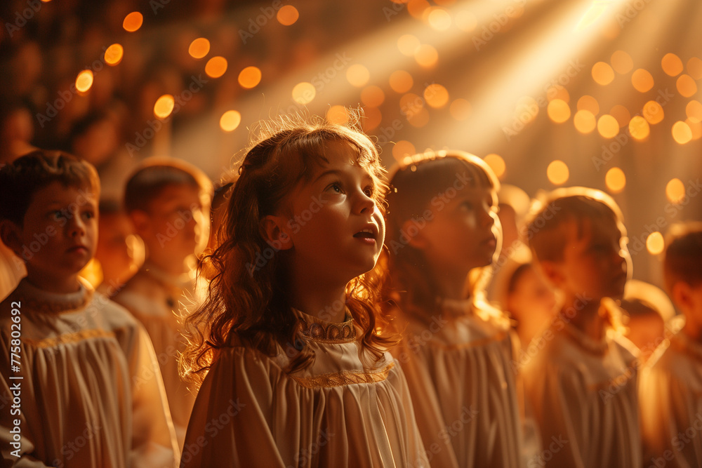 Childrens Christmas choir in white dresses in the church sings Christmas song