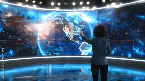 Female News Reporter Presenting Global News, A female reporter gestures to a digital world map on a screen while presenting the latest global news in a modern broadcast studio. photo