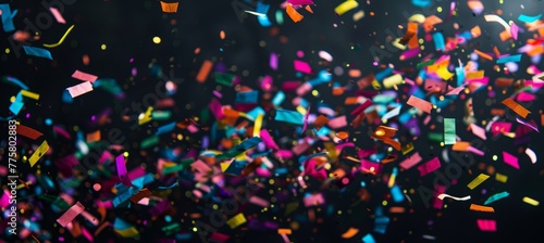 Colorful confetti falling on black background  festive and celebratory background for New Year or other events withcopy space. colorful confettis from top to bottom