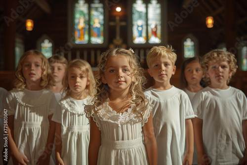 children's choir singing in church, wearing traditional choir clothes. Kids singing in catholic church with sunlight through window