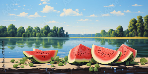 A Juicy watermelon slices on a picnic table, with a backdrop of a tranquil lake reflecting the azure sky.