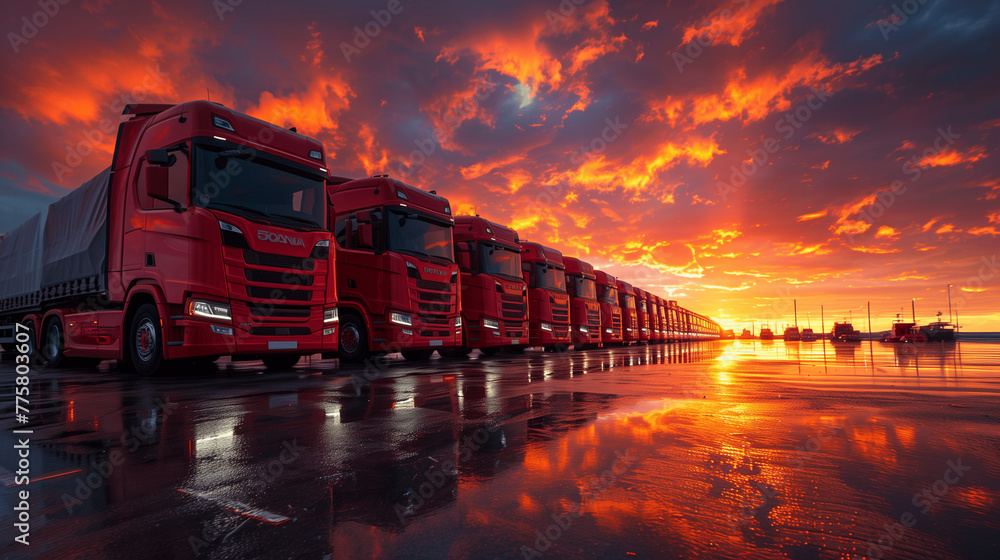 Fototapeta premium Morgendämmerung im Frachtdepot: LKW für den Transport