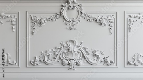 White classic ornate wall panel molding in a detailed baroque style. photo