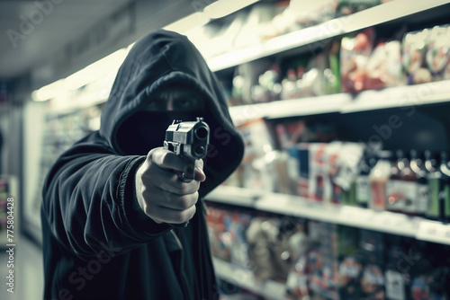 Gangster in hood with facial mask threatens supermarket visitors with handgun. Criminal assaults store to get easy money for dope. Firearm danger