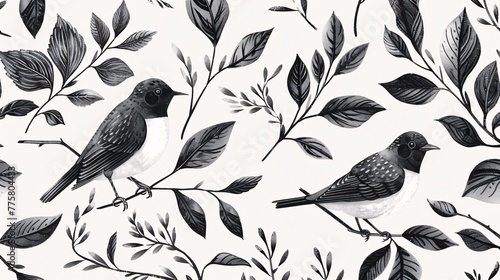 Retro etching featuring avifauna and greenery. Botanical art print with black and white creatures and plants in modern fashion. Design for cloth and material. Animated 2D image. photo