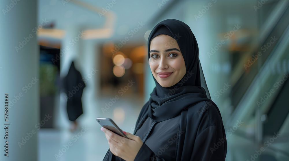 A smiling Arab Emirati businesswoman Wearing UAE Emirati Traditional Dress, black abaya, stands in her office, Speaking In mobile phone, Arabian Woman in the Emirates, generative ai.