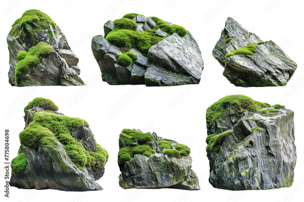 Fototapeta premium Set stone, moss, nature, isolated on white, in different positions, realistic, 3D 
