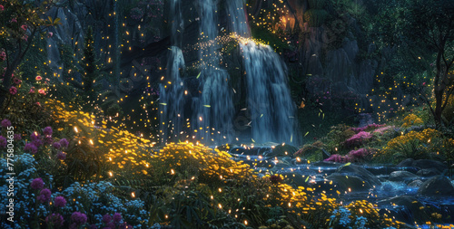 Fairytale Garden with Fireflies. Majestic waterfall cascades down vibrant cliff, fireflies illuminate hidden garden at dusk.