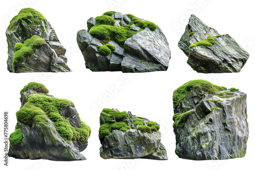 Set stone, moss, nature, isolated on white, in different positions, realistic, 3D 