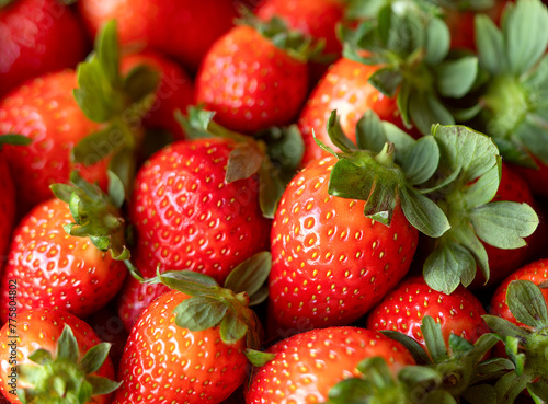 Strawberry background close up. The strawberries are a bright red color with green stems and leaves