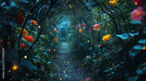 Enchanted garden adorned with fireflies  revealing hidden wonders and colorful flowers.