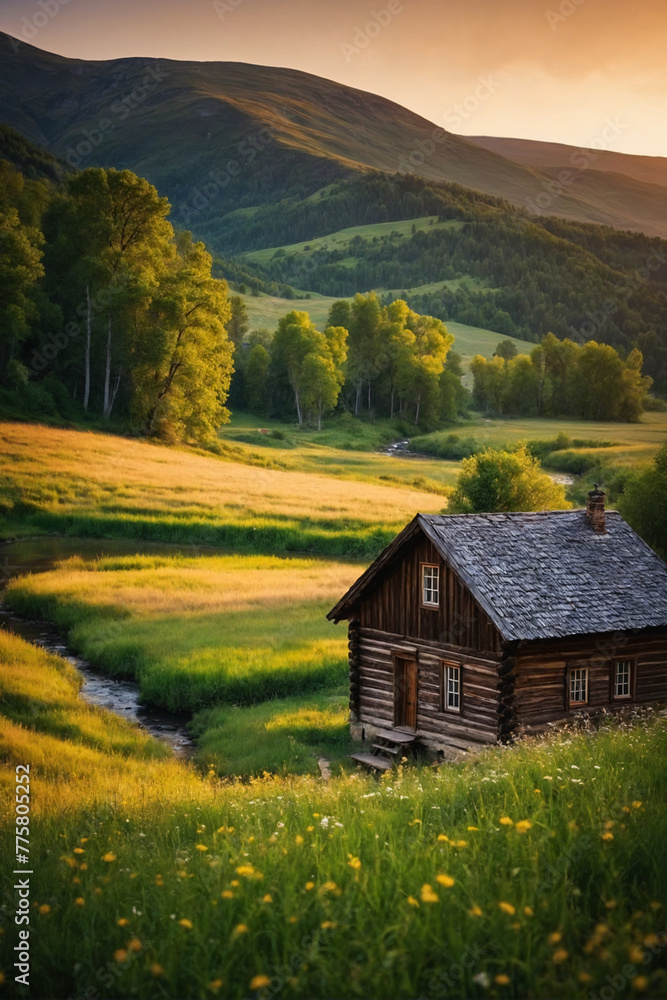 Beautiful view of a old simple cabin or house with a river nearby a meadow and hills at sunset. Beautiful serene rustic landscape