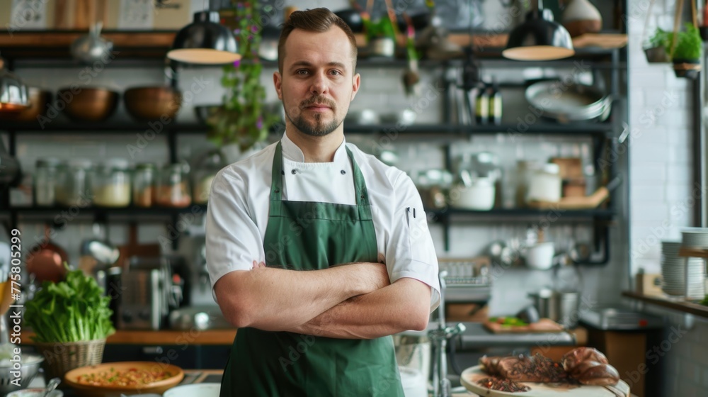 Portrait of a confident young male chef in a green apron standing in a professional kitchen